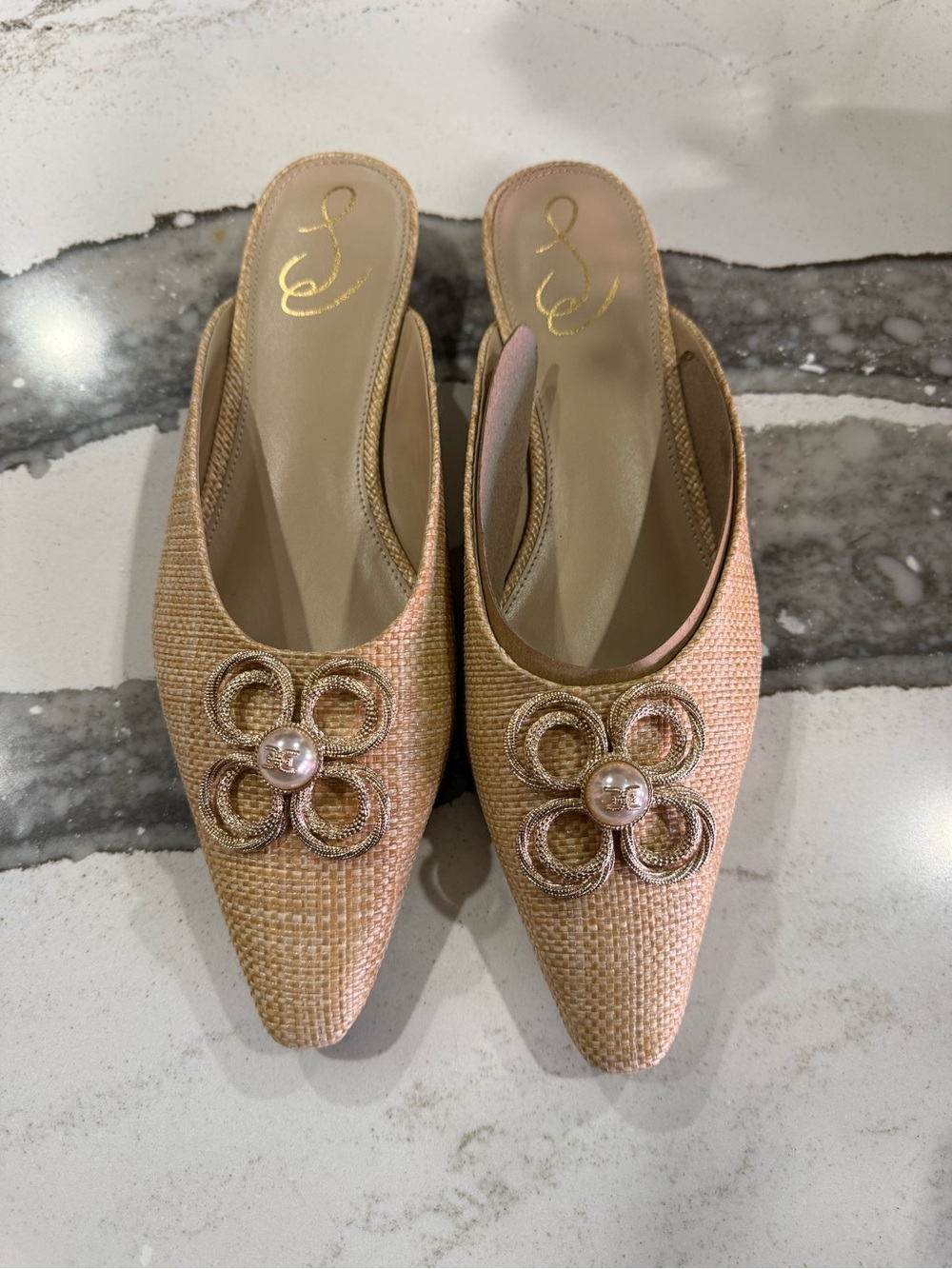 Sam Edelman Woven Pointed-Toe Slip-On Mules in Light Gold